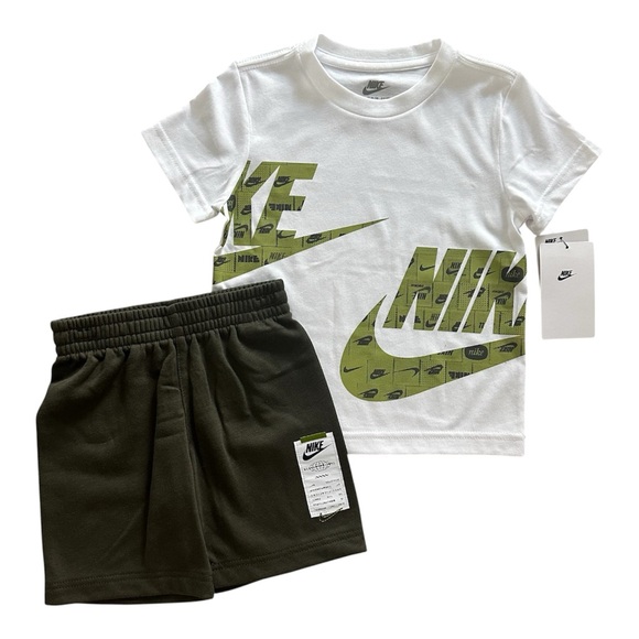 NWT Boys Size 2T Nike 2PC Outfit Set White Logo Tee & Olive Shorts Athletic Set - Picture 1 of 2
